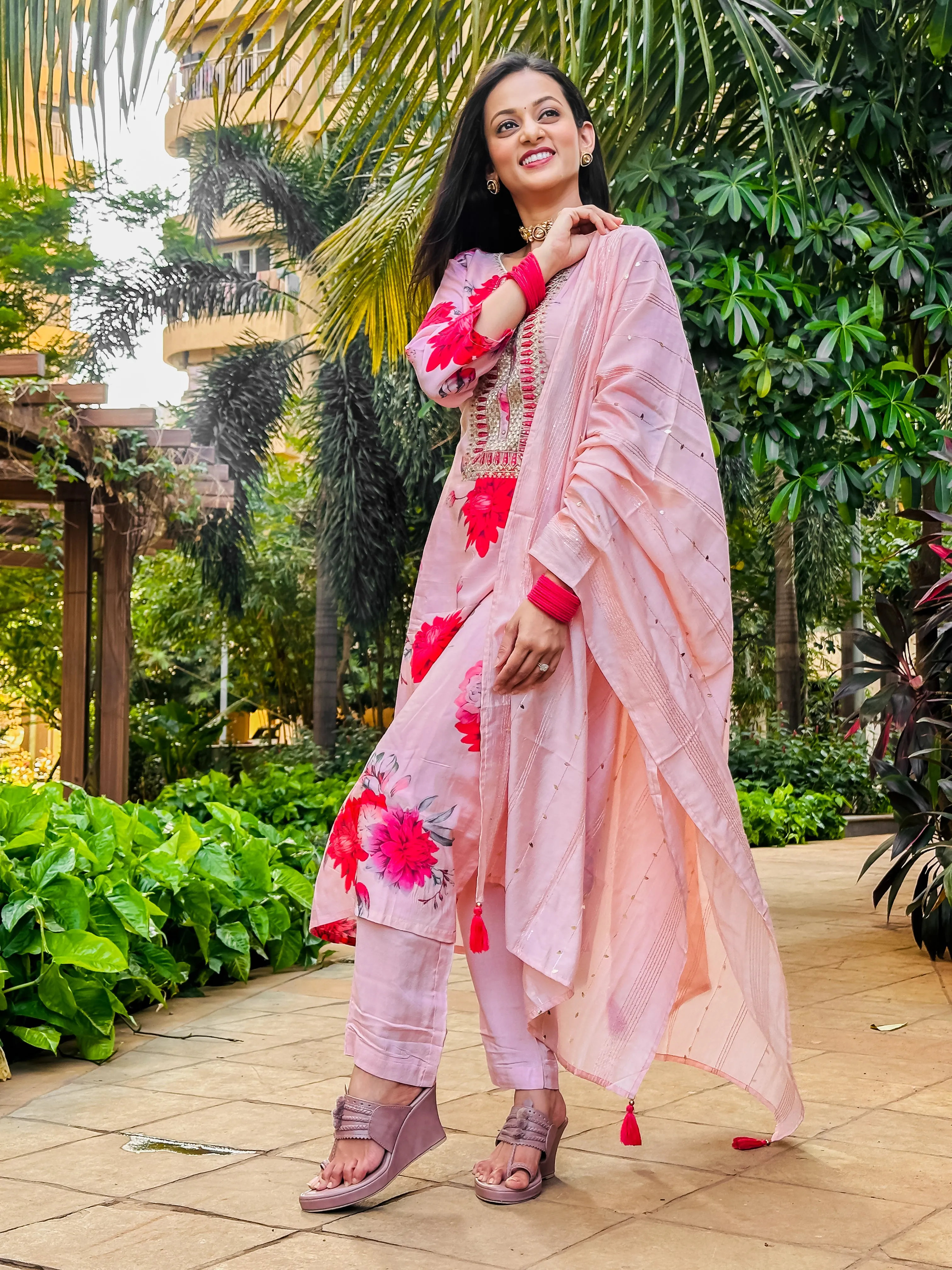 Women Pink Silk Straight  Kurta Trouser & Dupatta Set