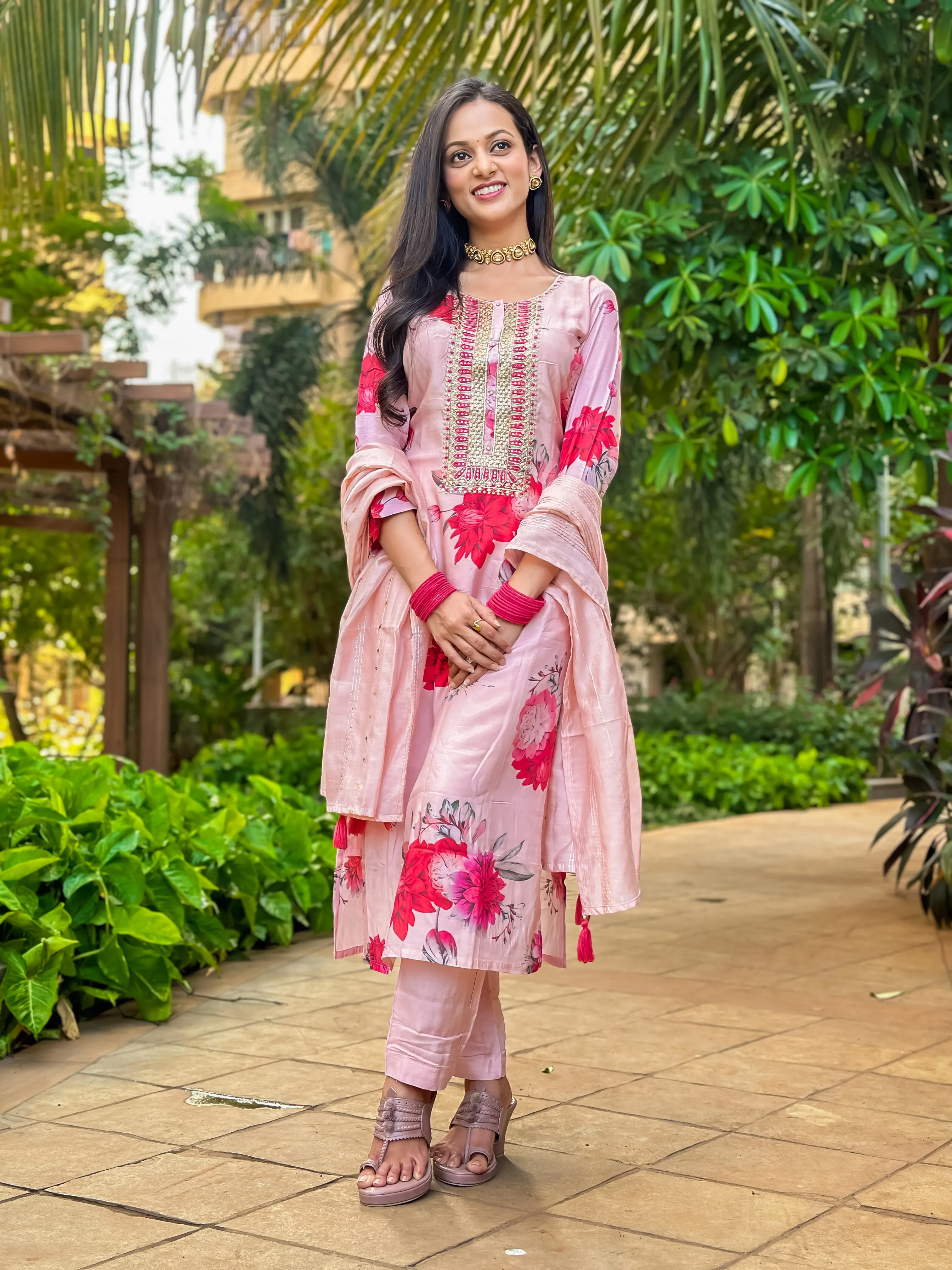 Women Pink Silk Straight  Kurta Trouser & Dupatta Set