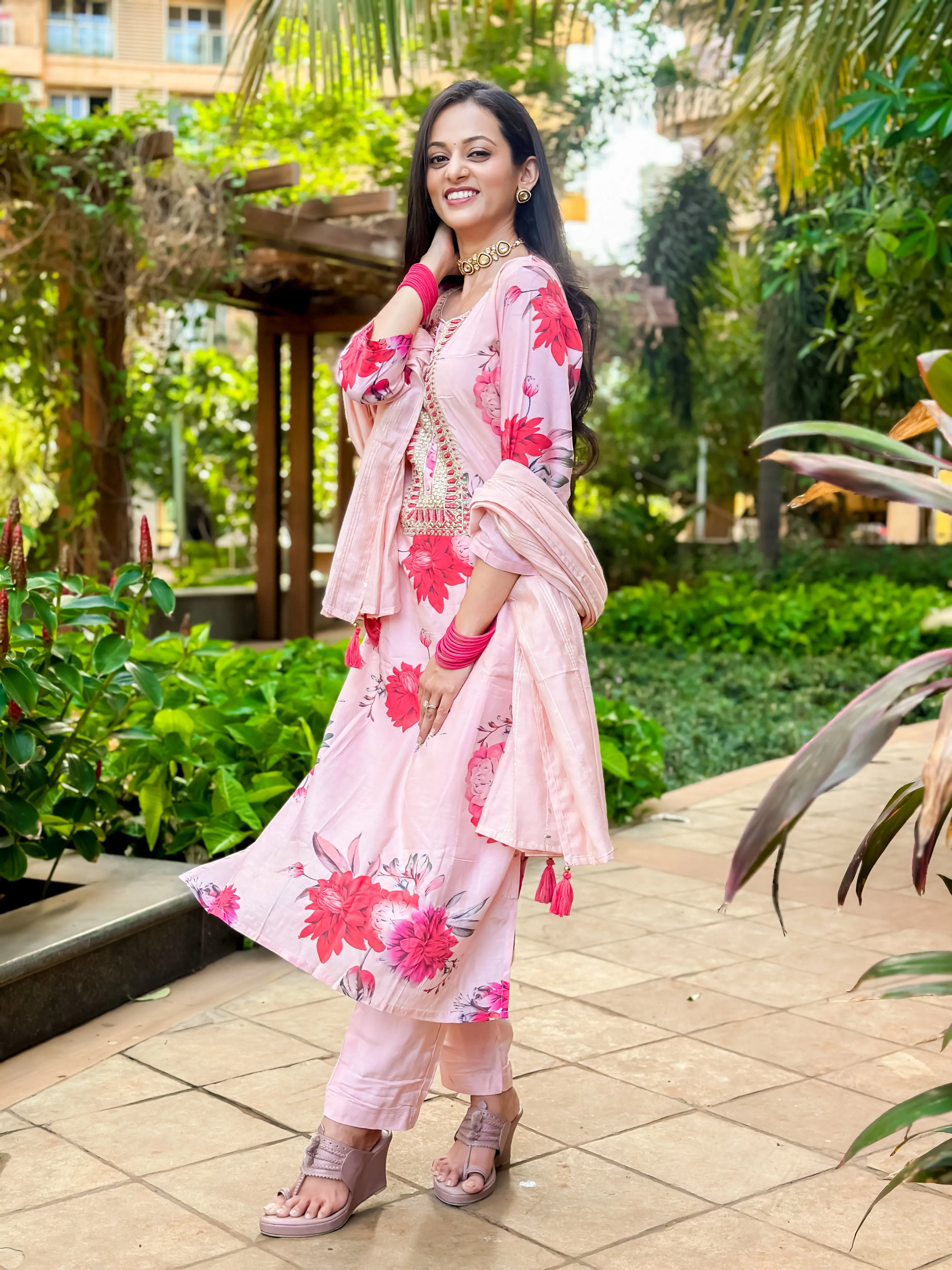 Women Pink Silk Straight  Kurta Trouser & Dupatta Set