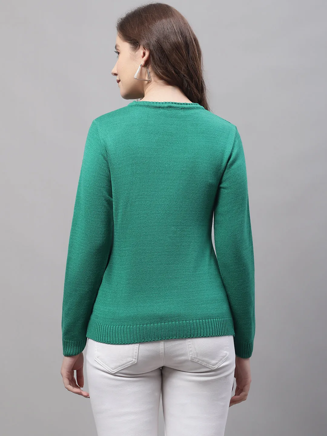 Women's Casual  Green Round neck Pullover Sweater