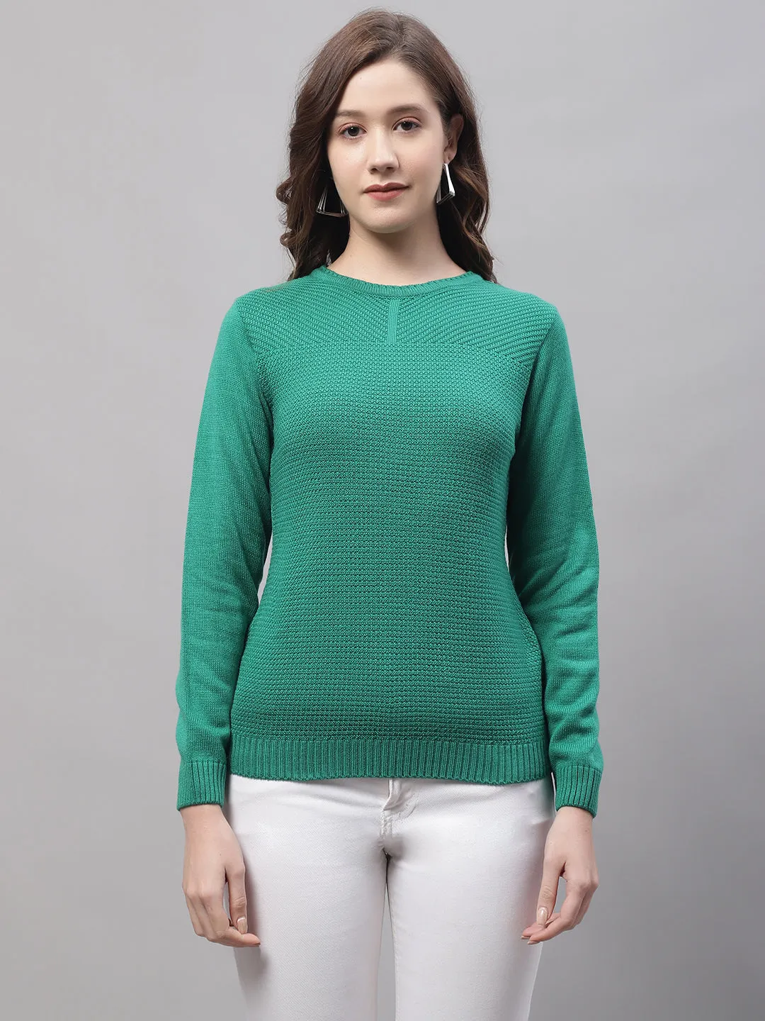 Women's Casual  Green Round neck Pullover Sweater