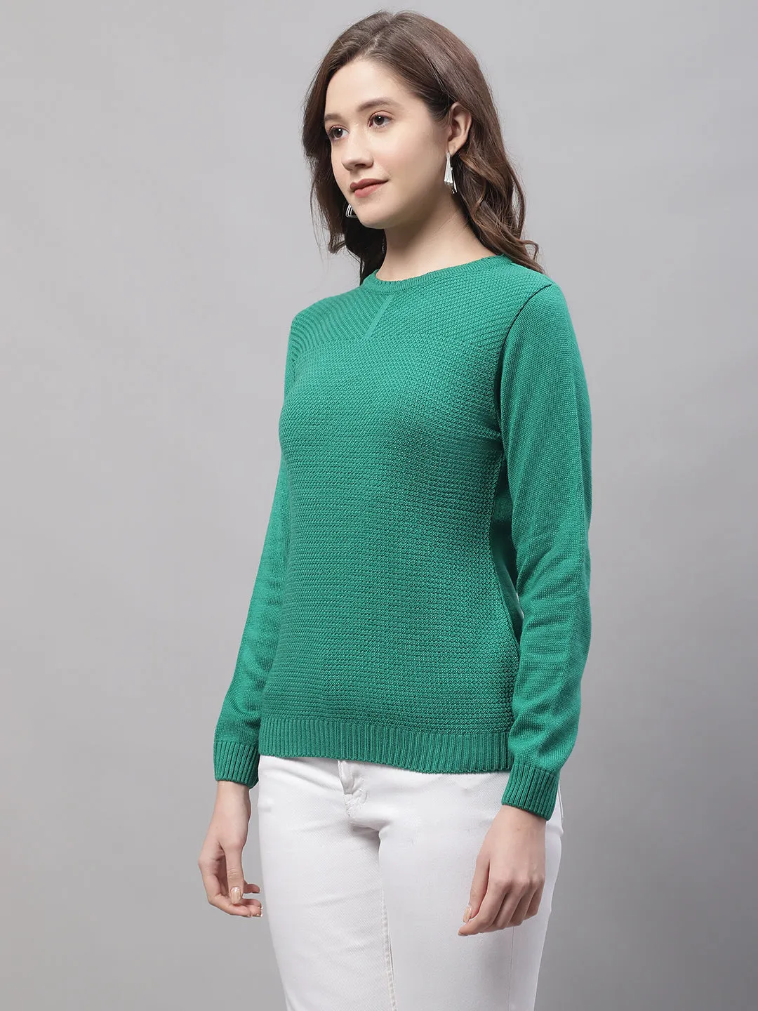 Women's Casual  Green Round neck Pullover Sweater