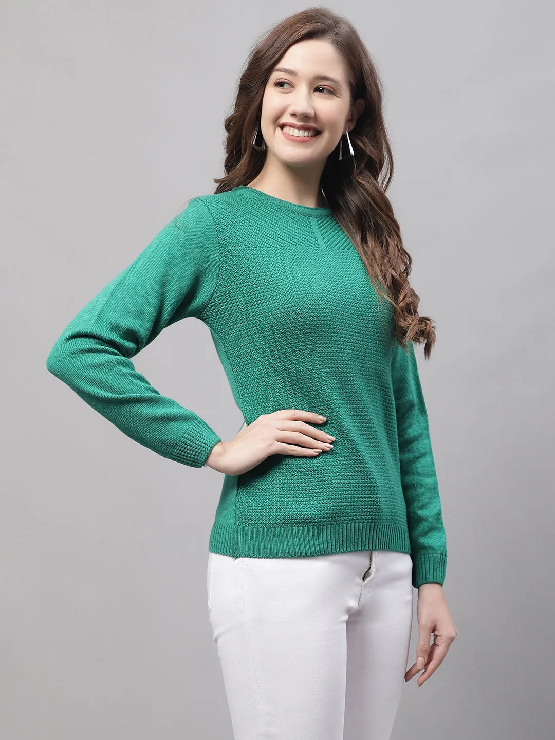 Women's Casual  Green Round neck Pullover Sweater