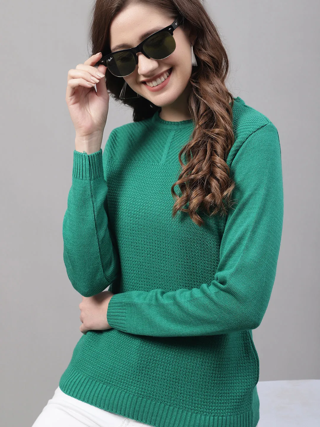 Women's Casual  Green Round neck Pullover Sweater