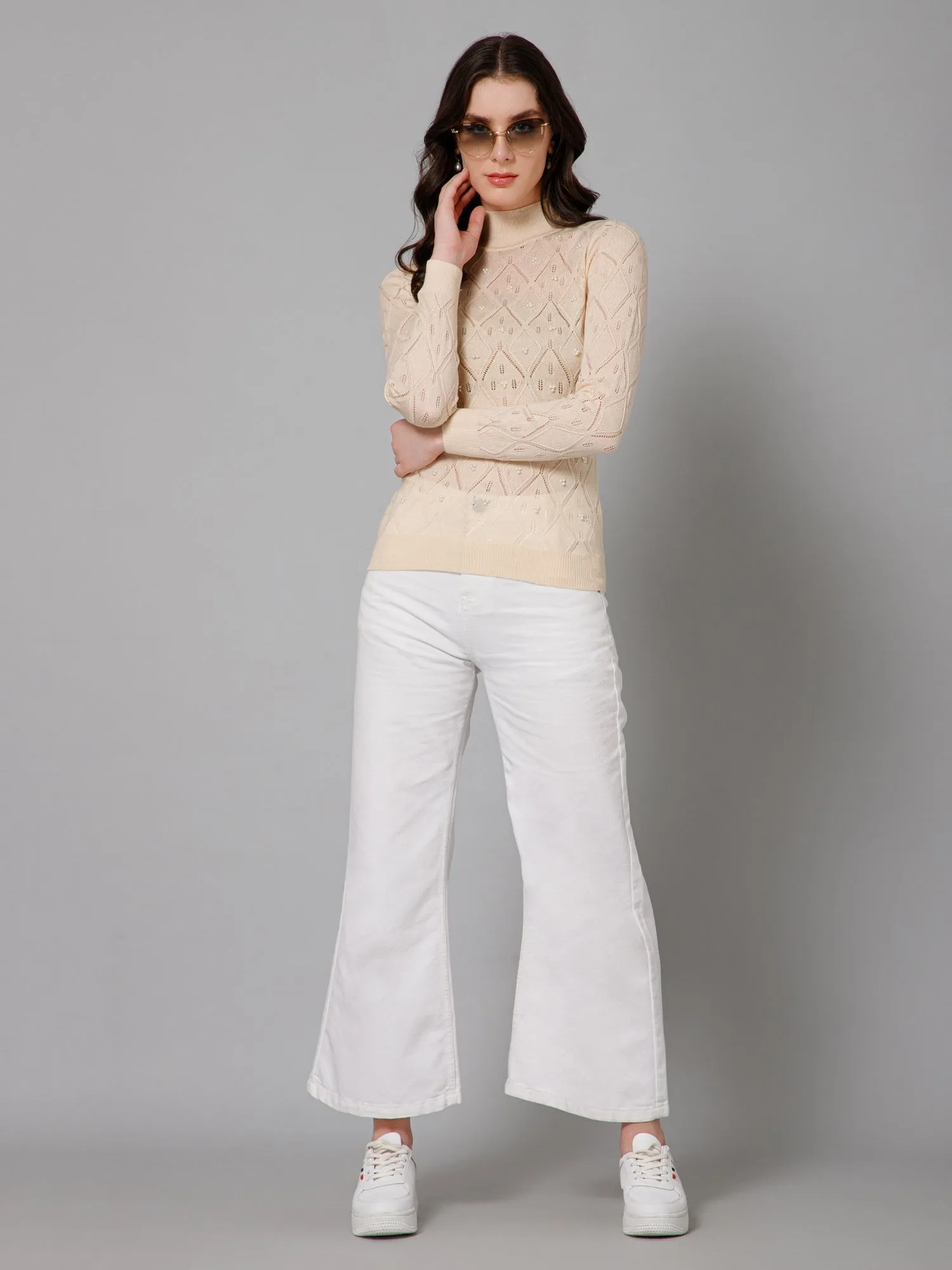 Women's Casual  Ivory High neck Pullover Sweater