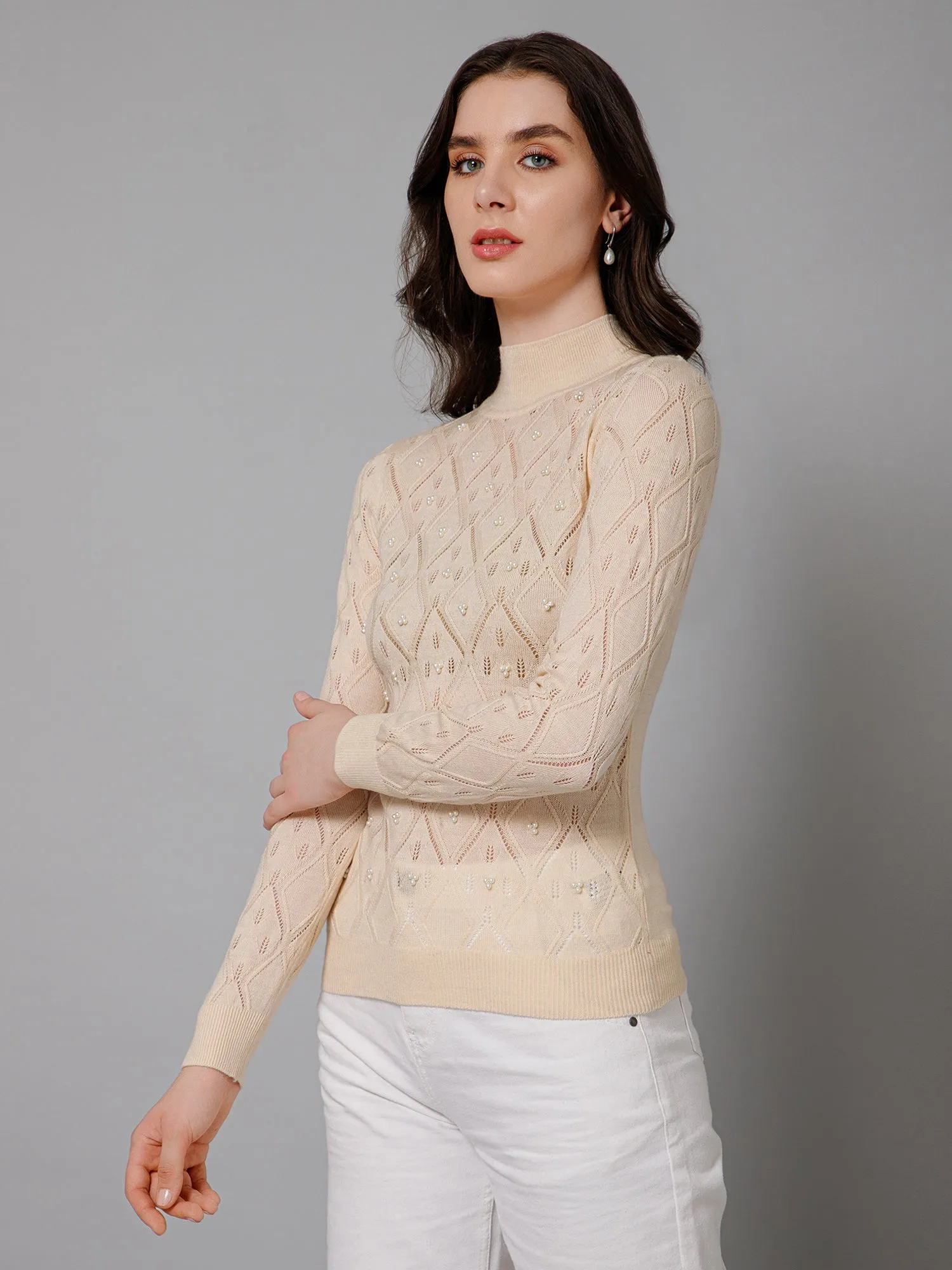 Women's Casual  Ivory High neck Pullover Sweater