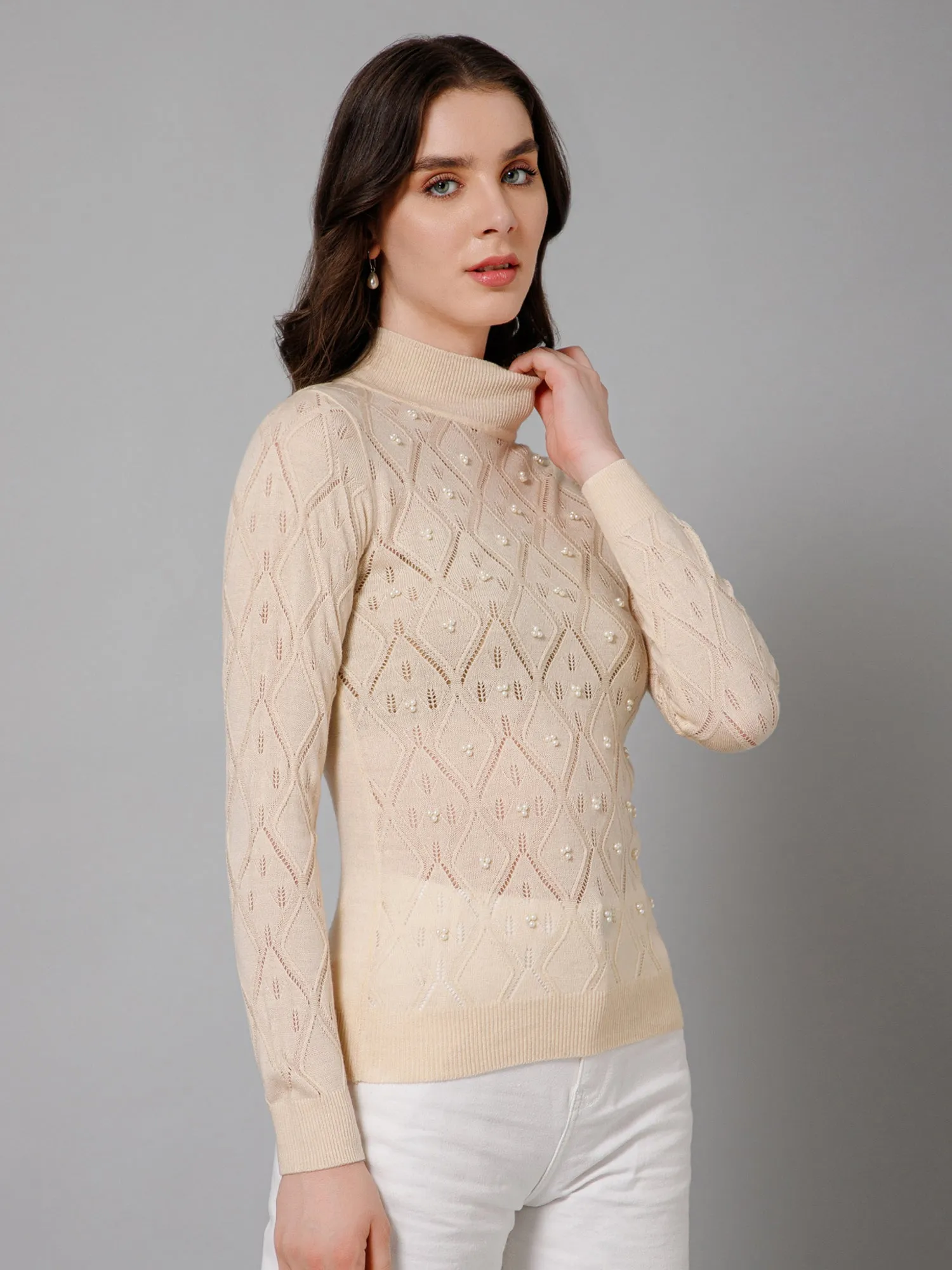 Women's Casual  Ivory High neck Pullover Sweater