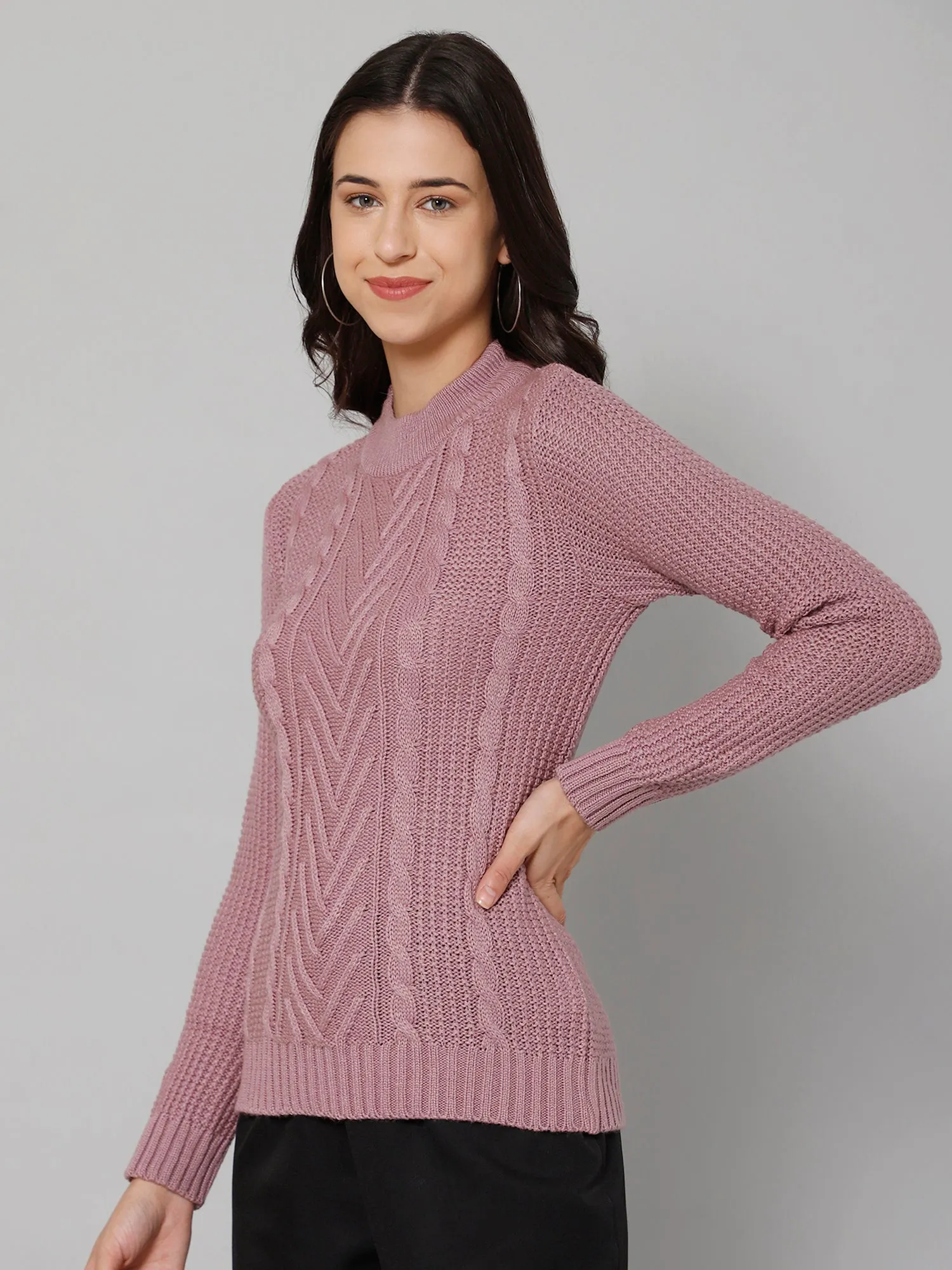 Women's Casual  Lilac Round neck Pullover Sweater