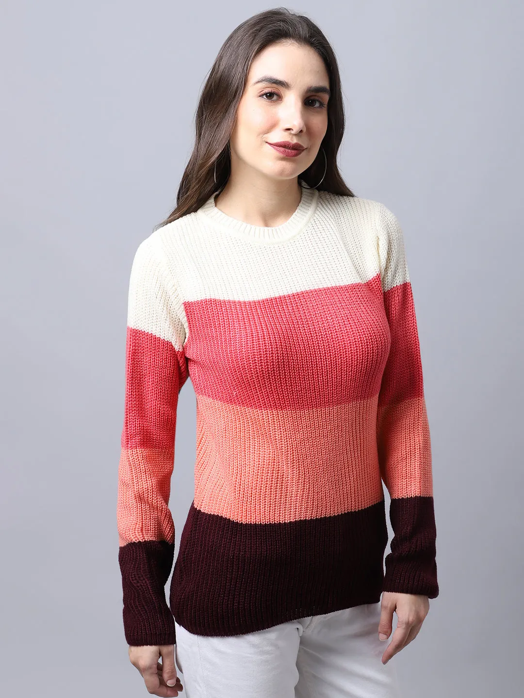 Women's Casual  Pink Round neck Color block Pullover Sweater