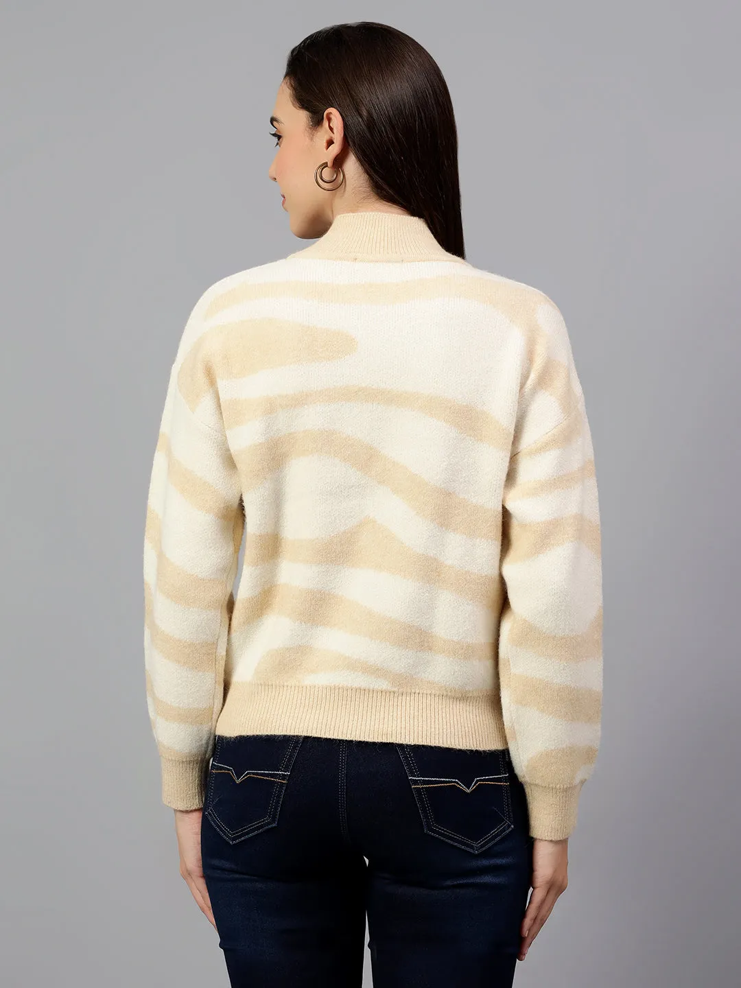 Women's Printed Beige Full Sleeve Casual Sweater