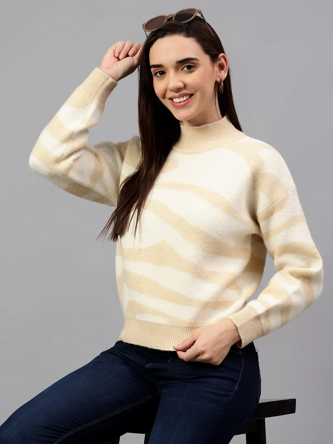 Women's Printed Beige Full Sleeve Casual Sweater