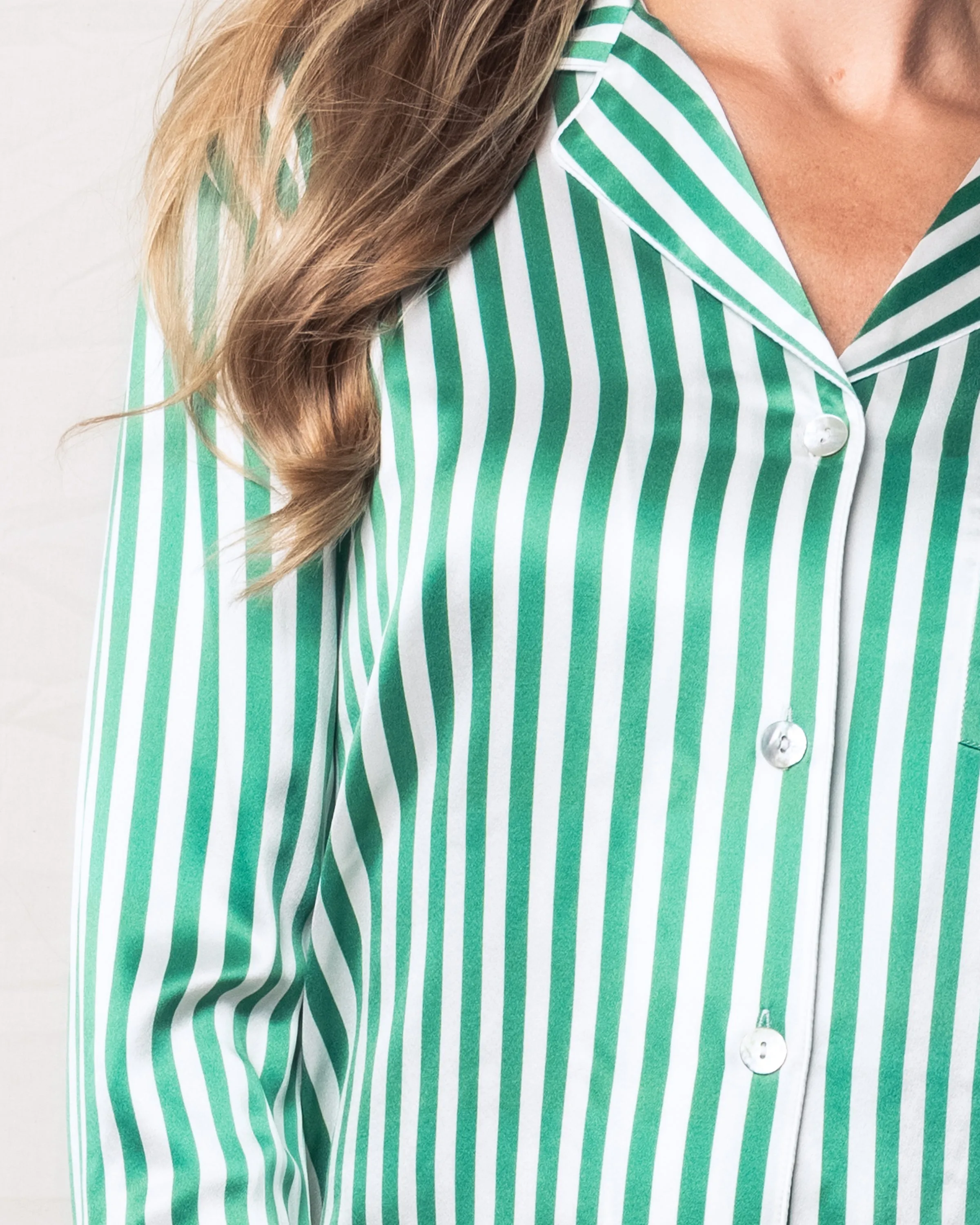 Women's Silk Pajama Set in Green Stripe