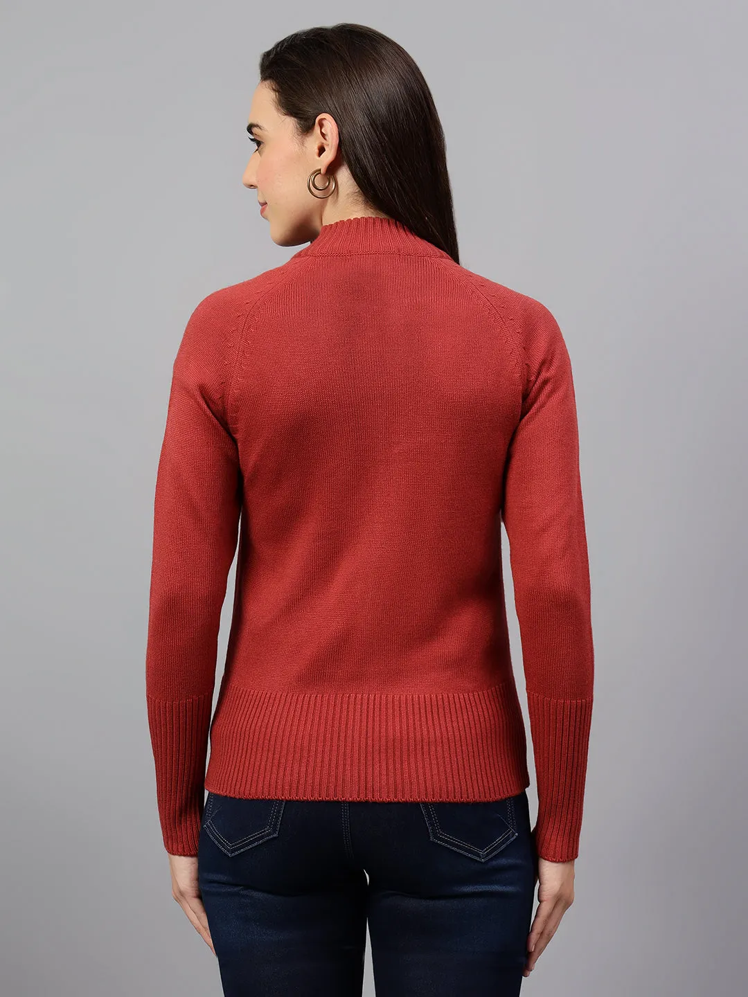 Women's Solid Rust Full Sleeve Casual Sweater