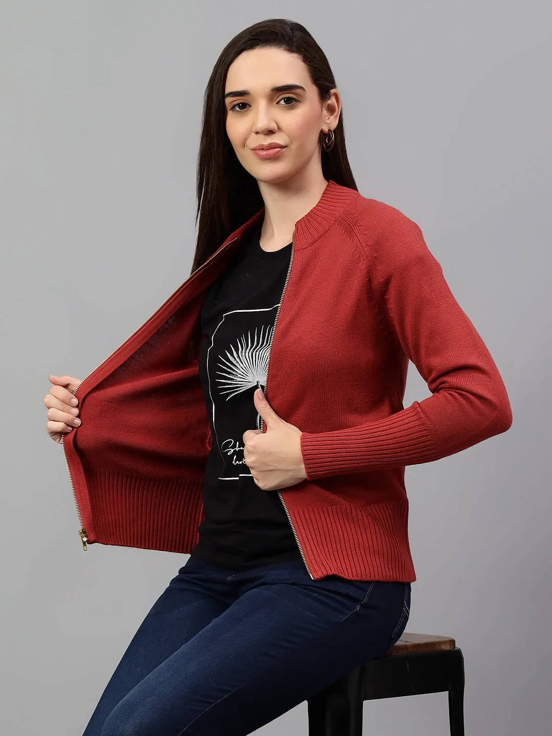 Women's Solid Rust Full Sleeve Casual Sweater