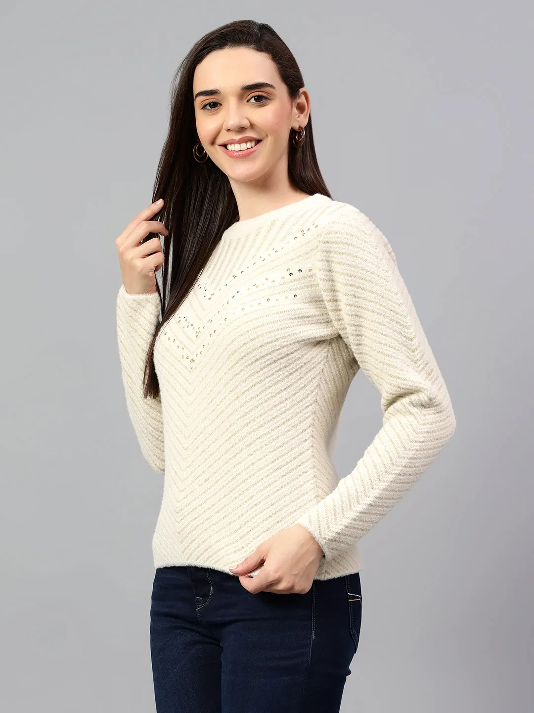 Women's Striped Beige Full Sleeve Casual Sweater