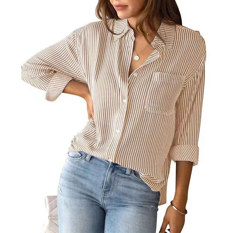 Women's Striped Loose Casual Long Sleeves Shirt Blouses