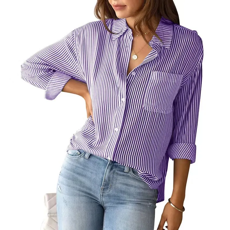 Women's Striped Loose Casual Long Sleeves Shirt Blouses