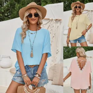 Women's Summer Loose Round Neck Solid Color Back Shorts