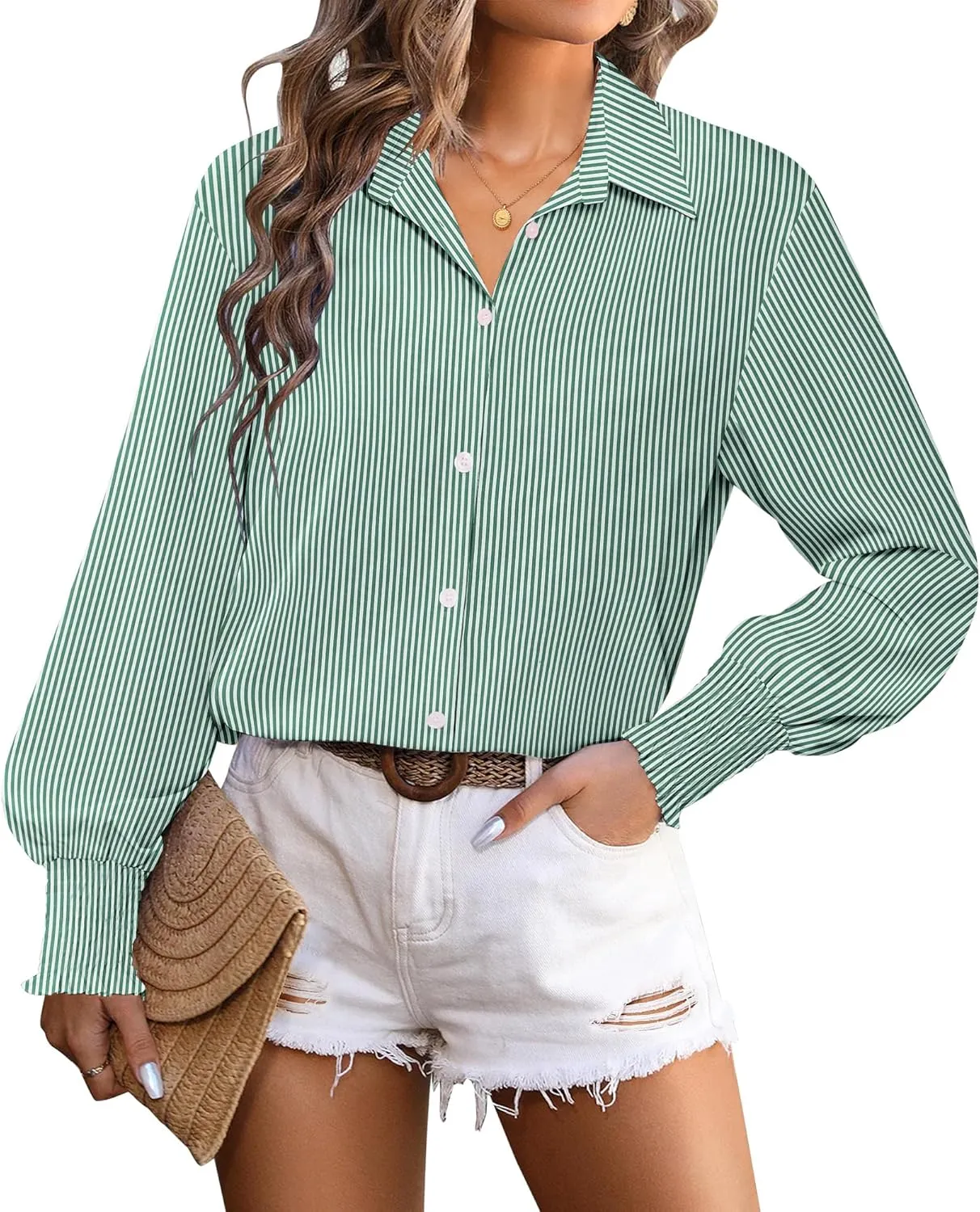 Zeagoo Women's Button Down Shirts Loose Fit Striped Printed Lantern Blouses