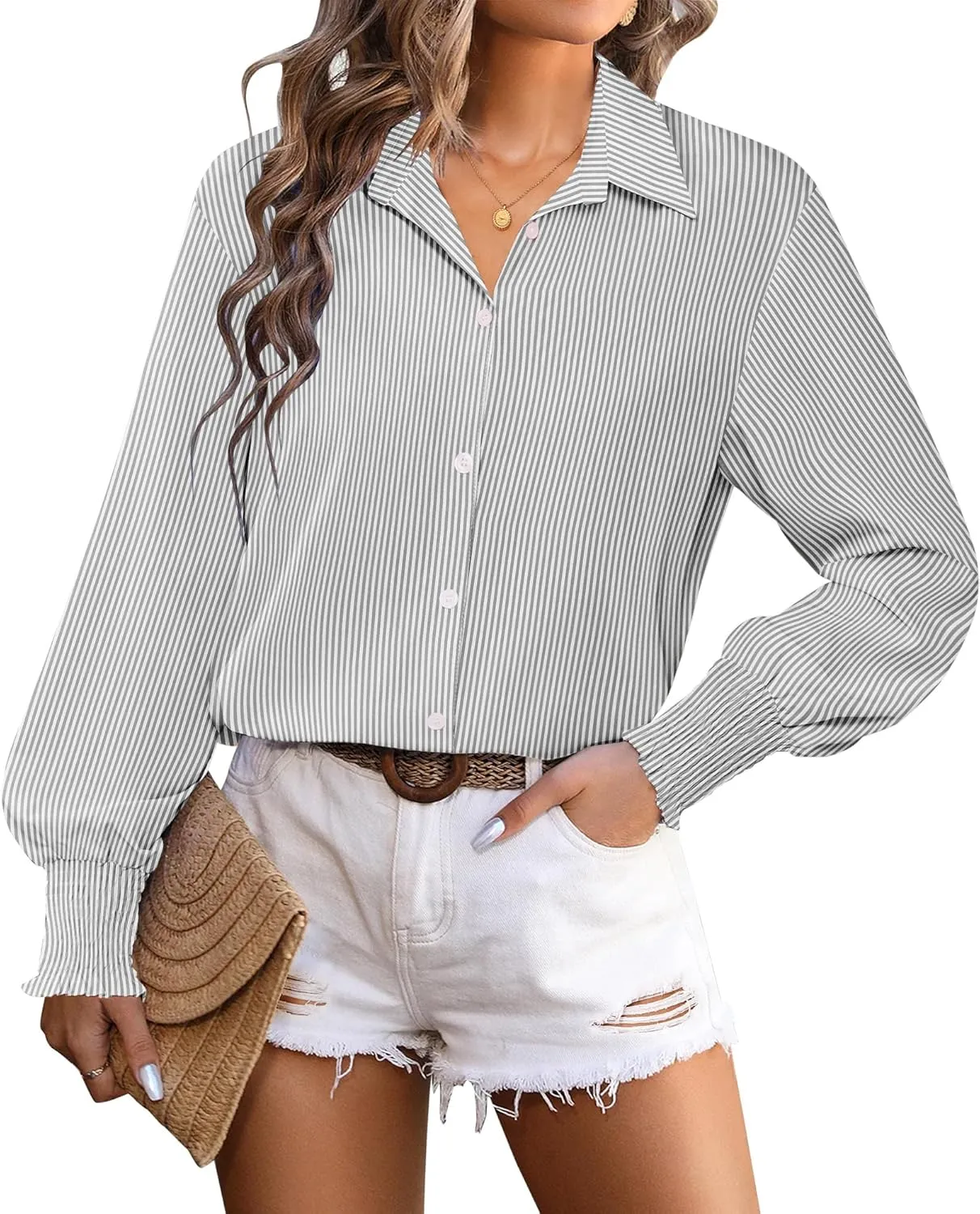 Zeagoo Women's Button Down Shirts Loose Fit Striped Printed Lantern Blouses