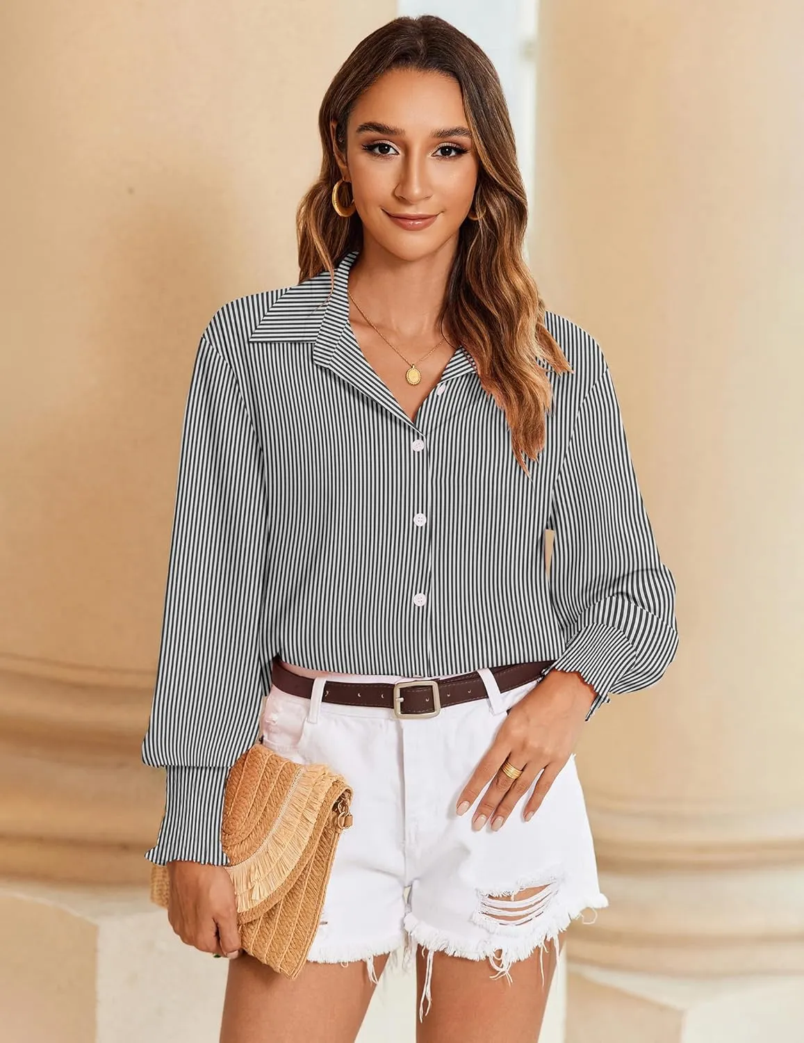 Zeagoo Women's Button Down Shirts Loose Fit Striped Printed Lantern Blouses