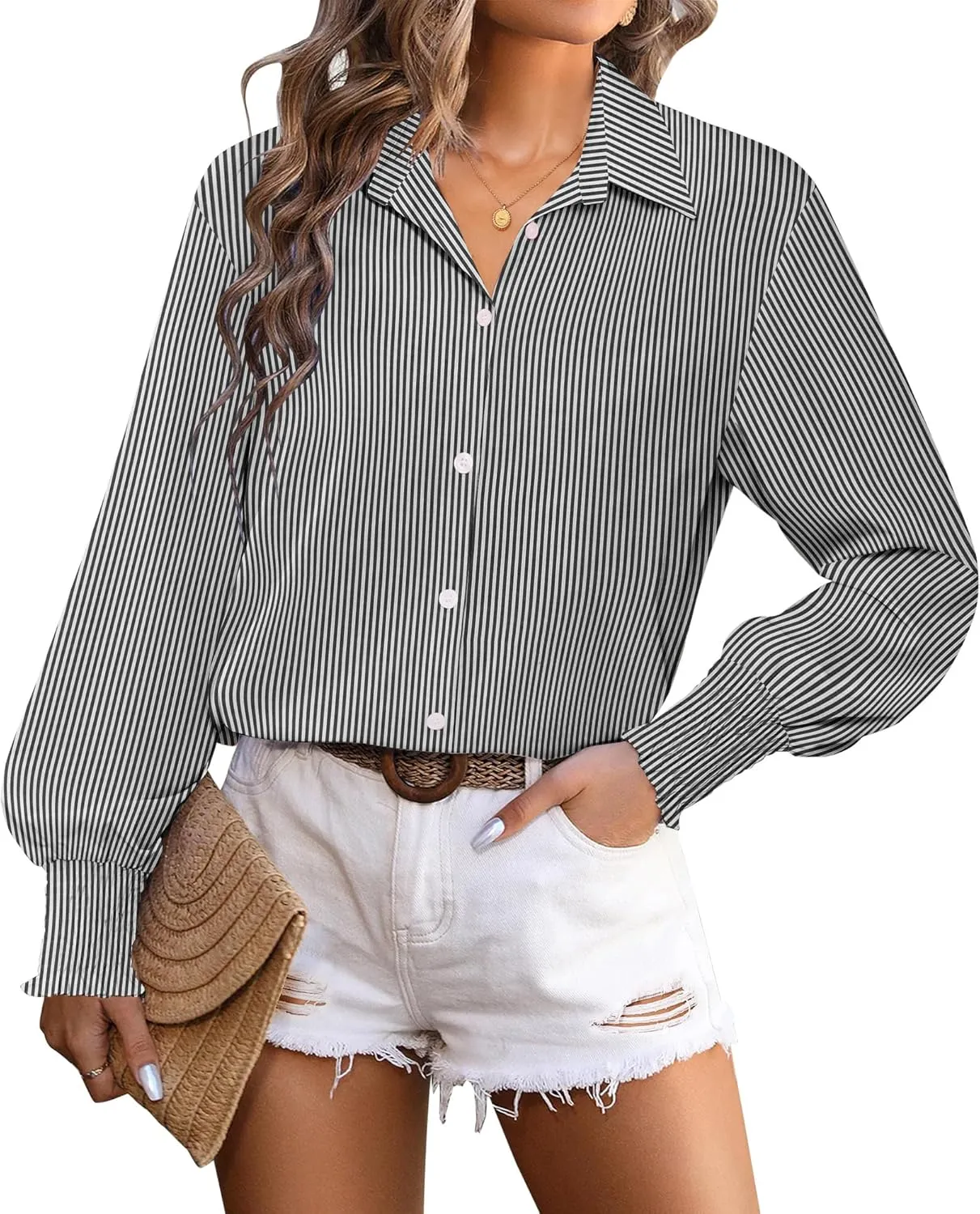 Zeagoo Women's Button Down Shirts Loose Fit Striped Printed Lantern Blouses