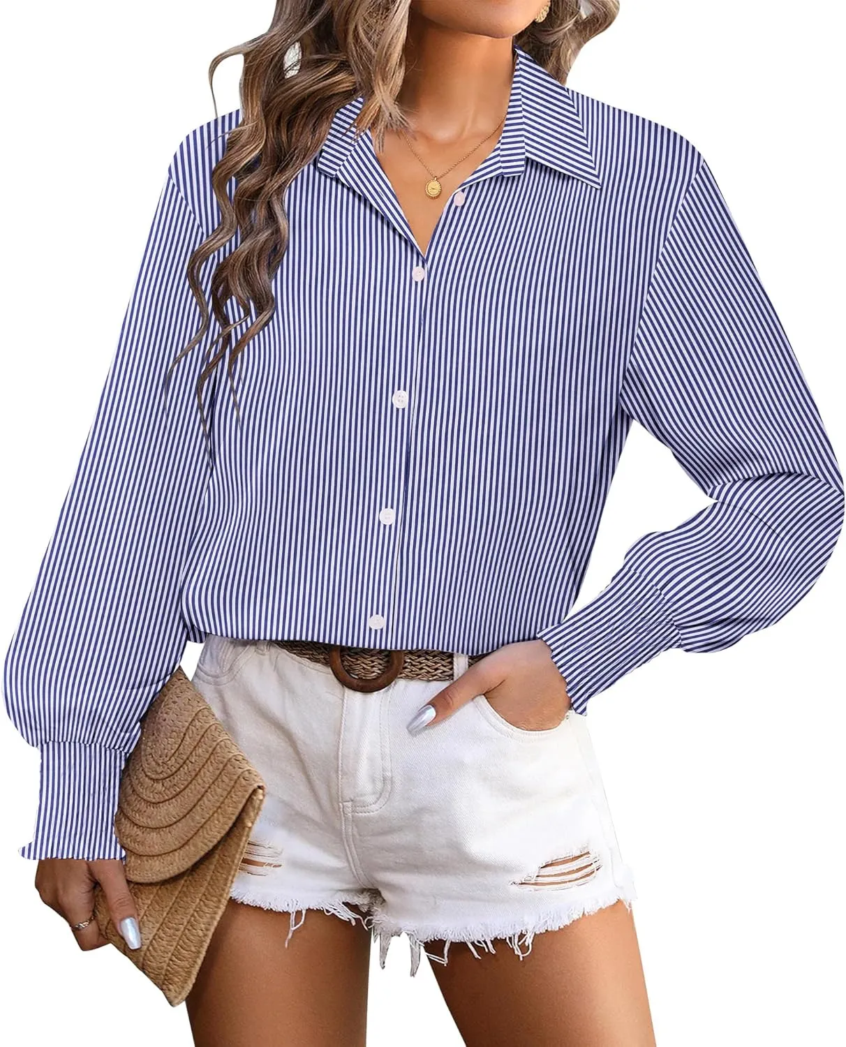 Zeagoo Women's Button Down Shirts Loose Fit Striped Printed Lantern Blouses